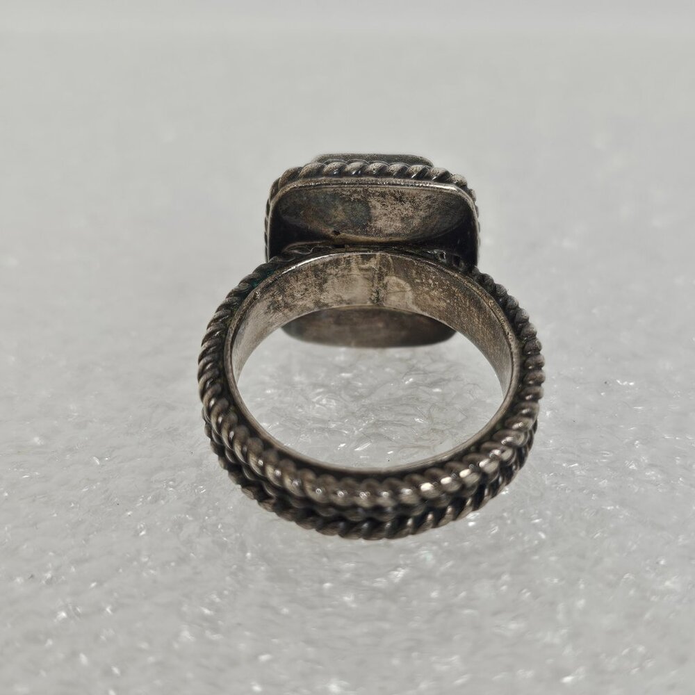 Vtg Sterling Silver Green Quartz Ring Size 7 Square Textured Rope Band Chunky - Picture 5 of 16
